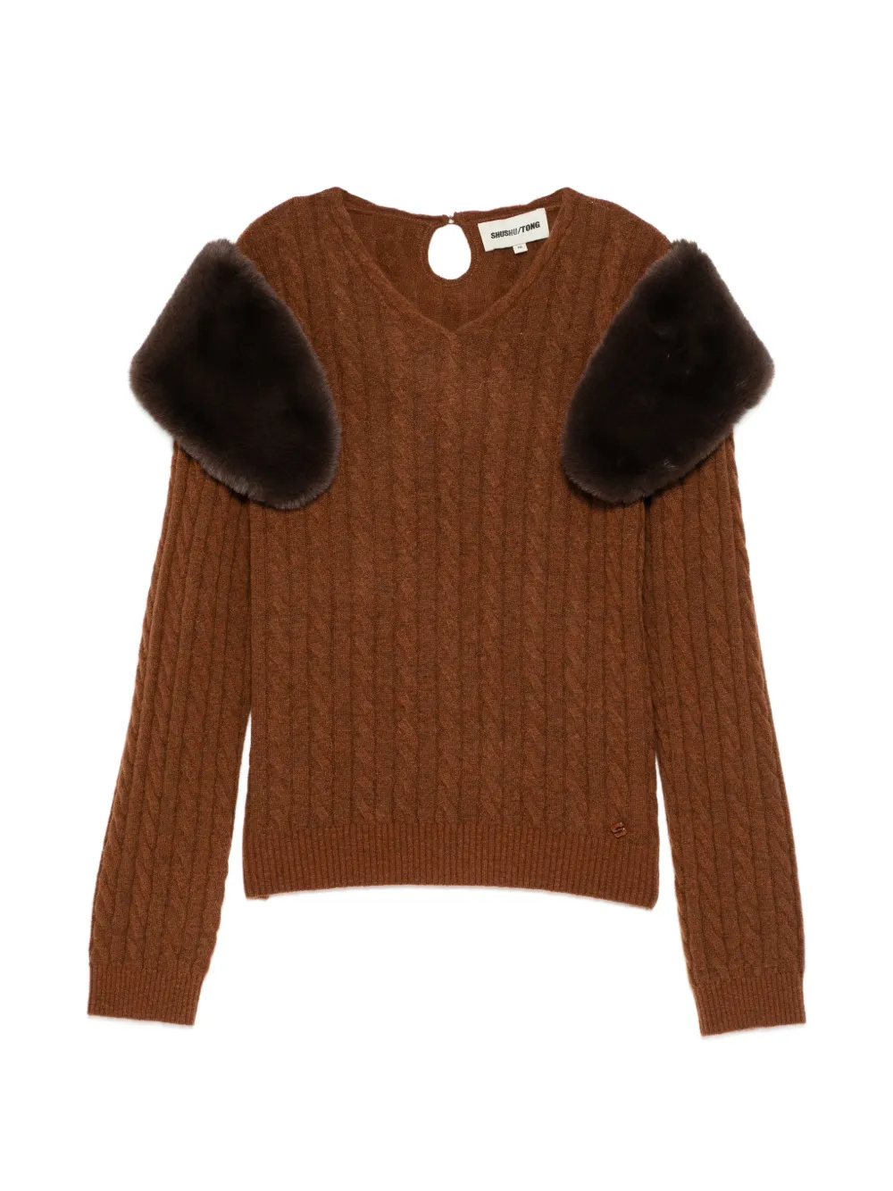 SHUSHU/TONG faux-fur trim cable-knit sweater - Brown