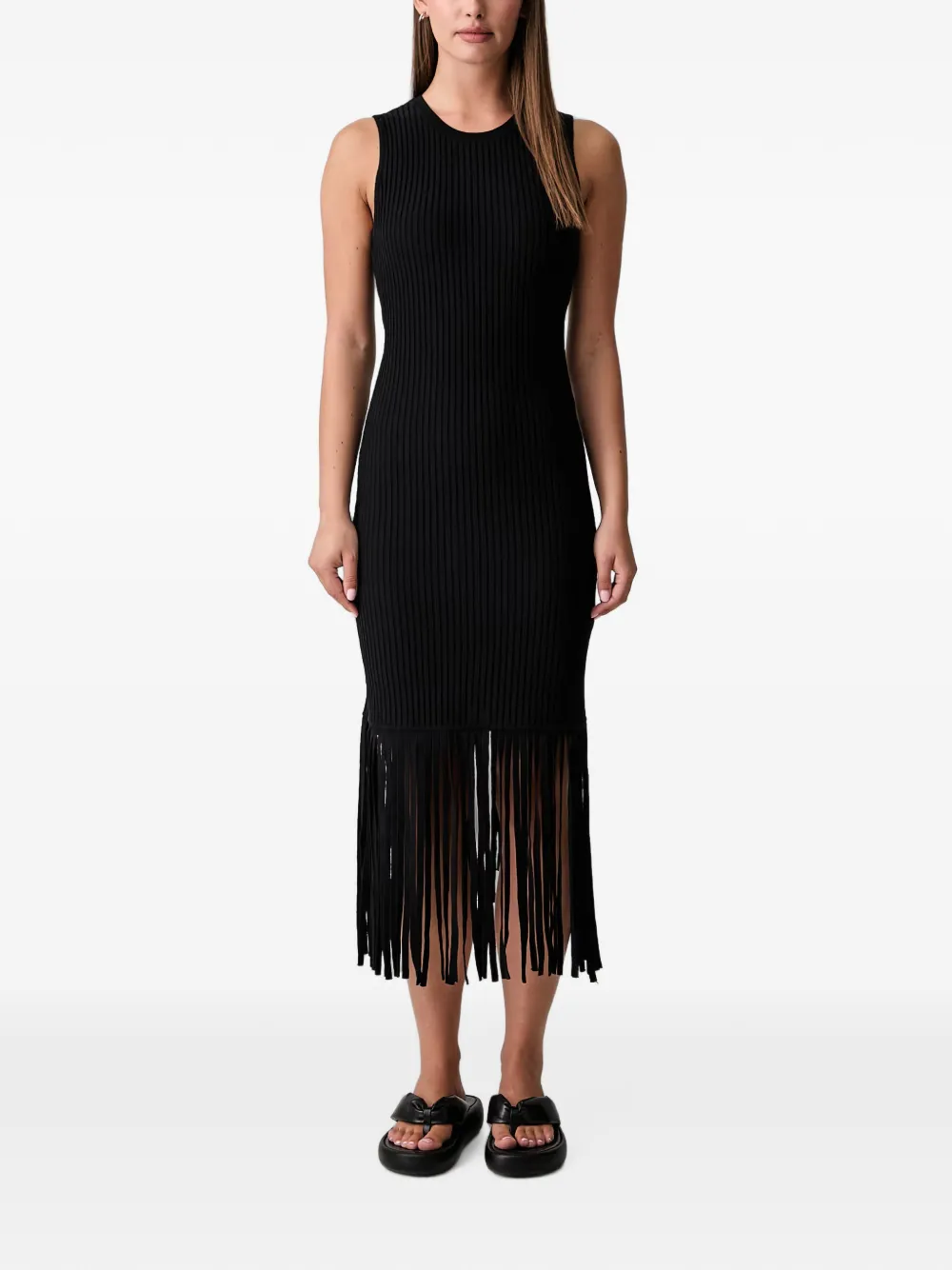 DKNY Ribgebreide midi-jurk met franje-afwerking Zwart