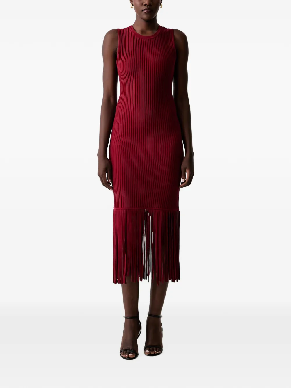 DKNY Ribgebreide midi-jurk met franje afwerking Rood