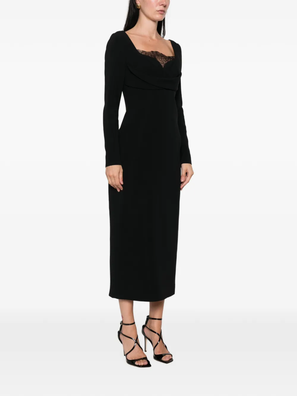 Elie Saab Cady midi-jurk met kanten afwerking en gedrapeerd detail Zwart