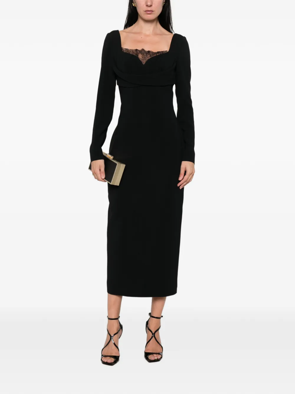 Elie Saab Cady midi-jurk met kanten afwerking en gedrapeerd detail Zwart