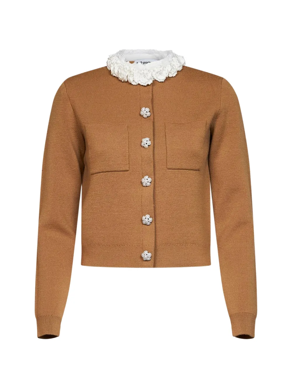 Self-Portrait embellished ruffled-collar cardigan - Marrone