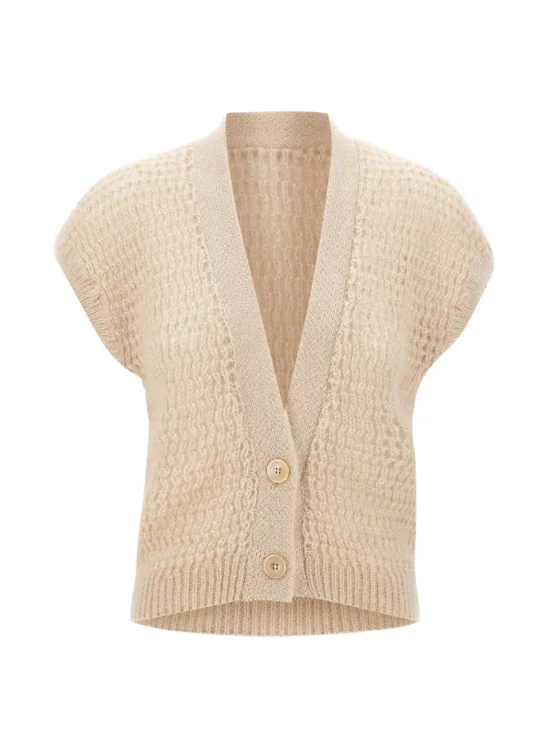Eleventy Openwork-knit Sleeveless Cardigan in Neutrals