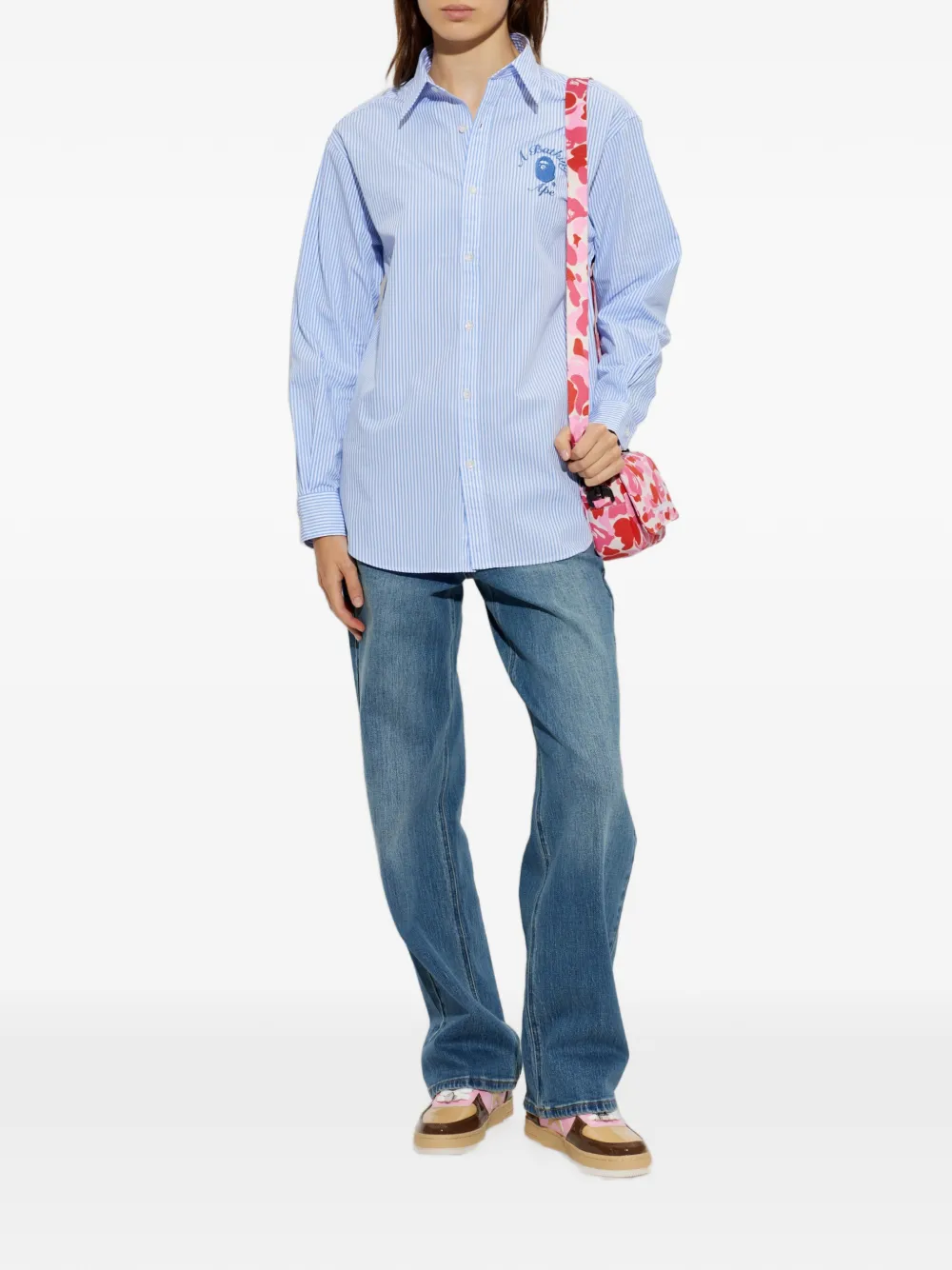 A BATHING APE Gestreepte blouse met geborduurd logo Blauw