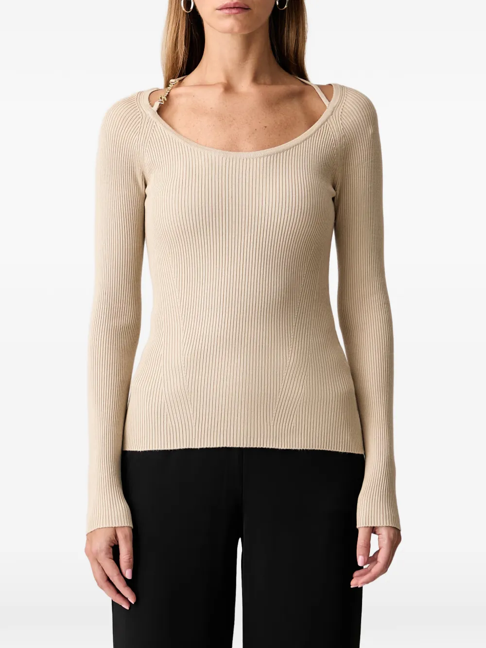 GUESS USA Ribgebreide trui met logoplakkaat Beige