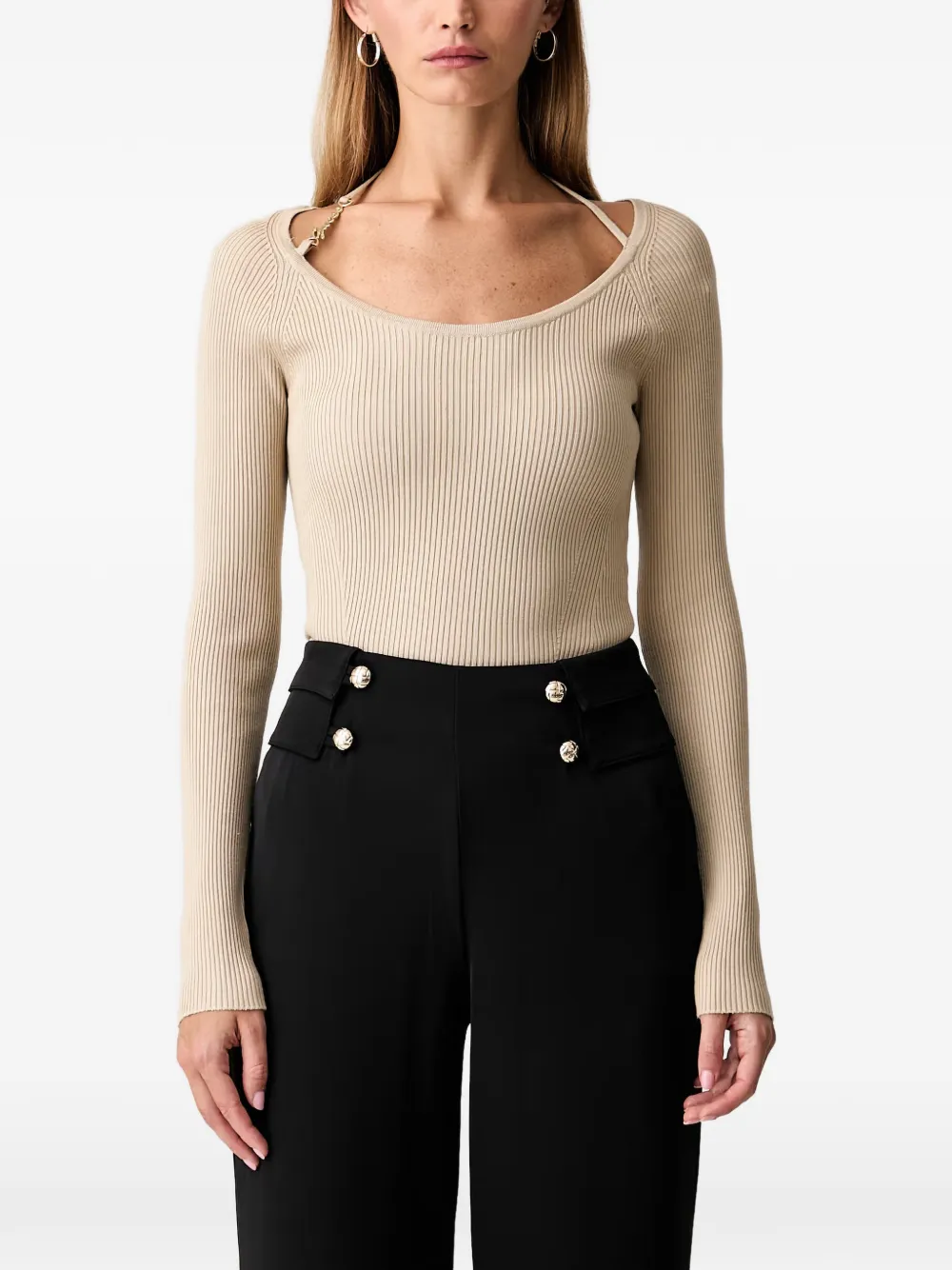 GUESS USA Ribgebreide trui met logoplakkaat Beige