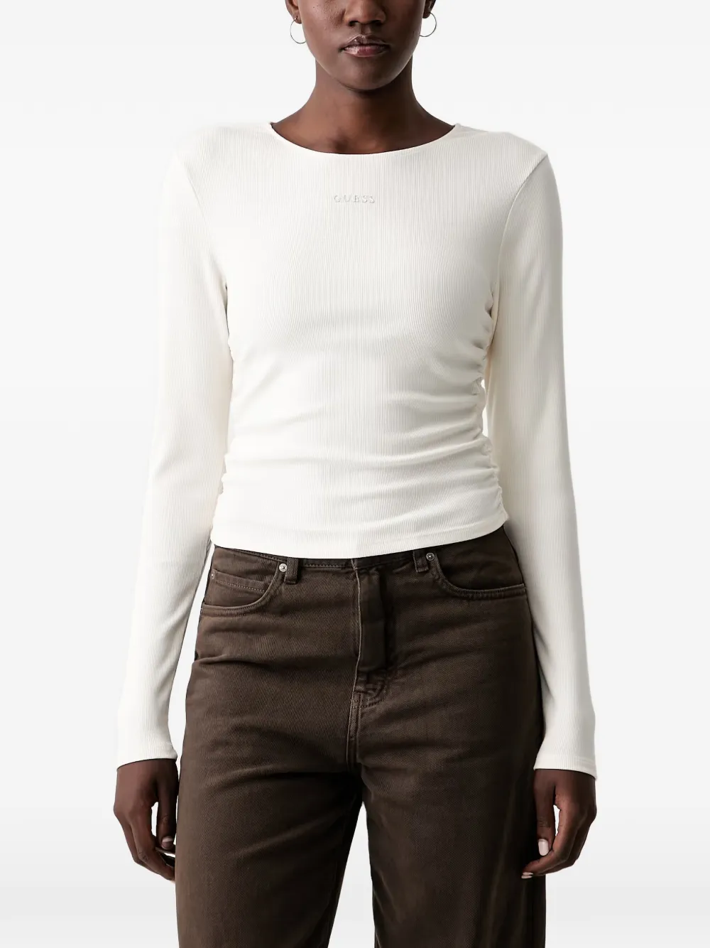 GUESS USA ribbed-knit ruched-side T-shirt - Weiß