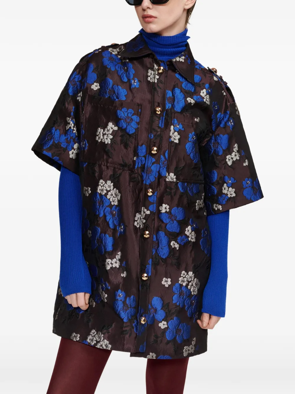 Essentiel Antwerp Shirtjack met bloemen-jacquard en epauletten op de mini-jurk Bruin