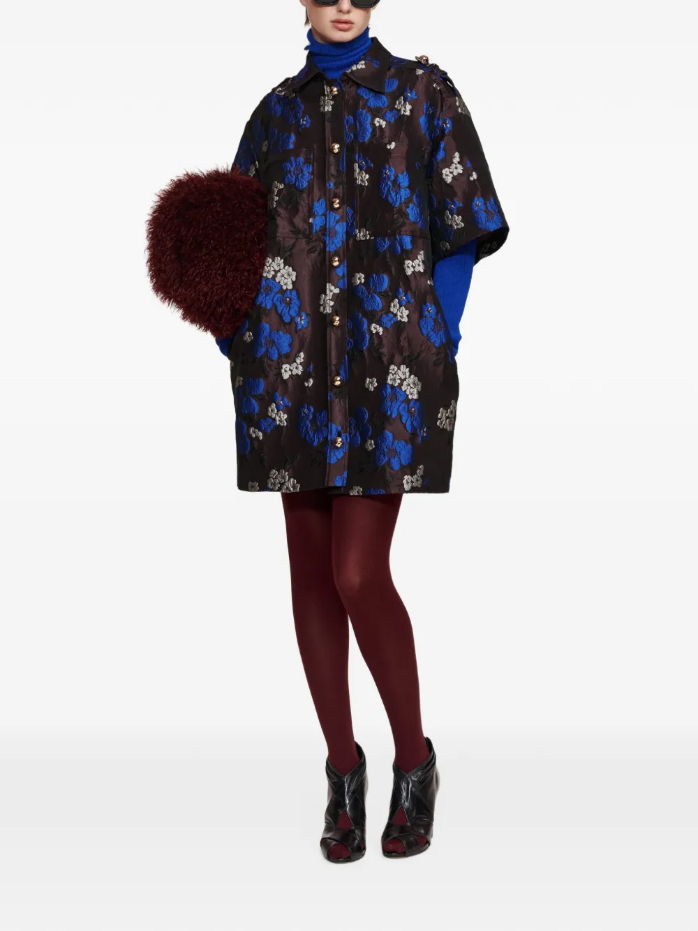 Essentiel Antwerp Shirtjack met bloemen-jacquard en epauletten op de mini-jurk Bruin