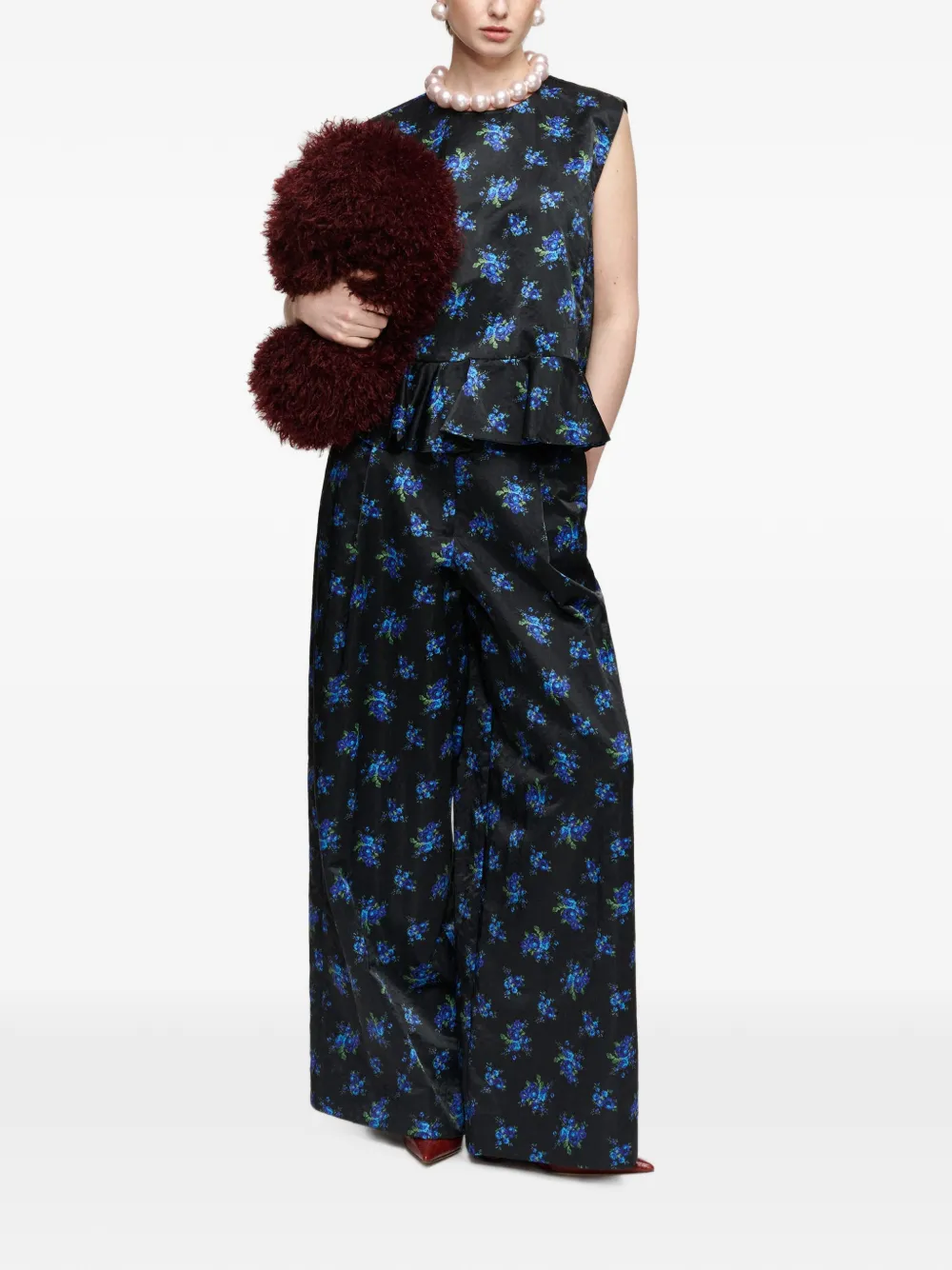Essentiel Antwerp Karmen palazzo broek met bloemenprint Zwart