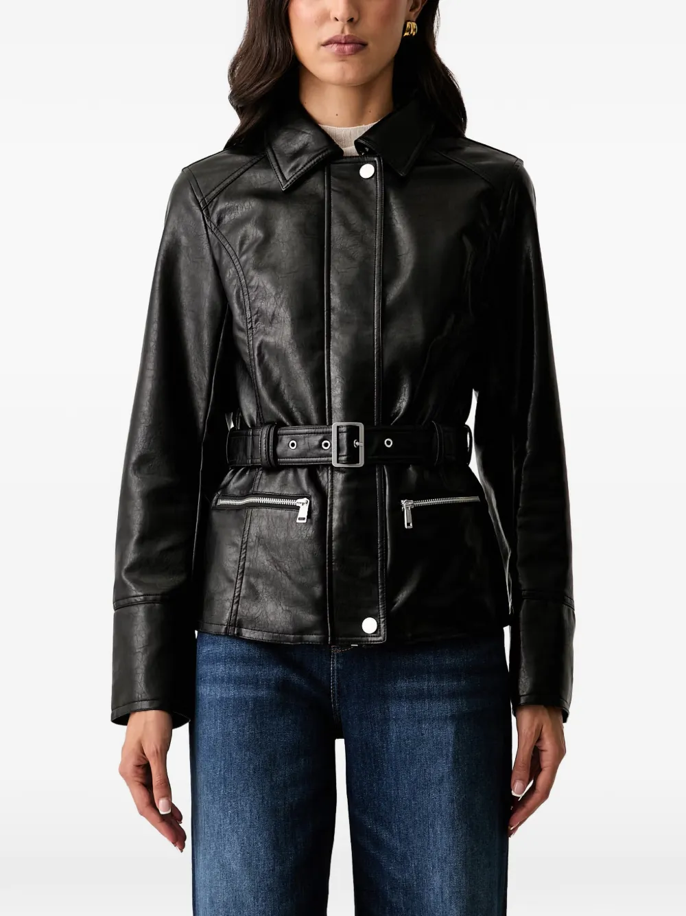 GUESS USA zip-up belted faux-leather jacket - Nero