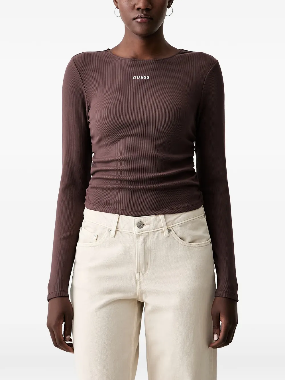 GUESS USA ribbed-knit ruched-side T-shirt - Marrone