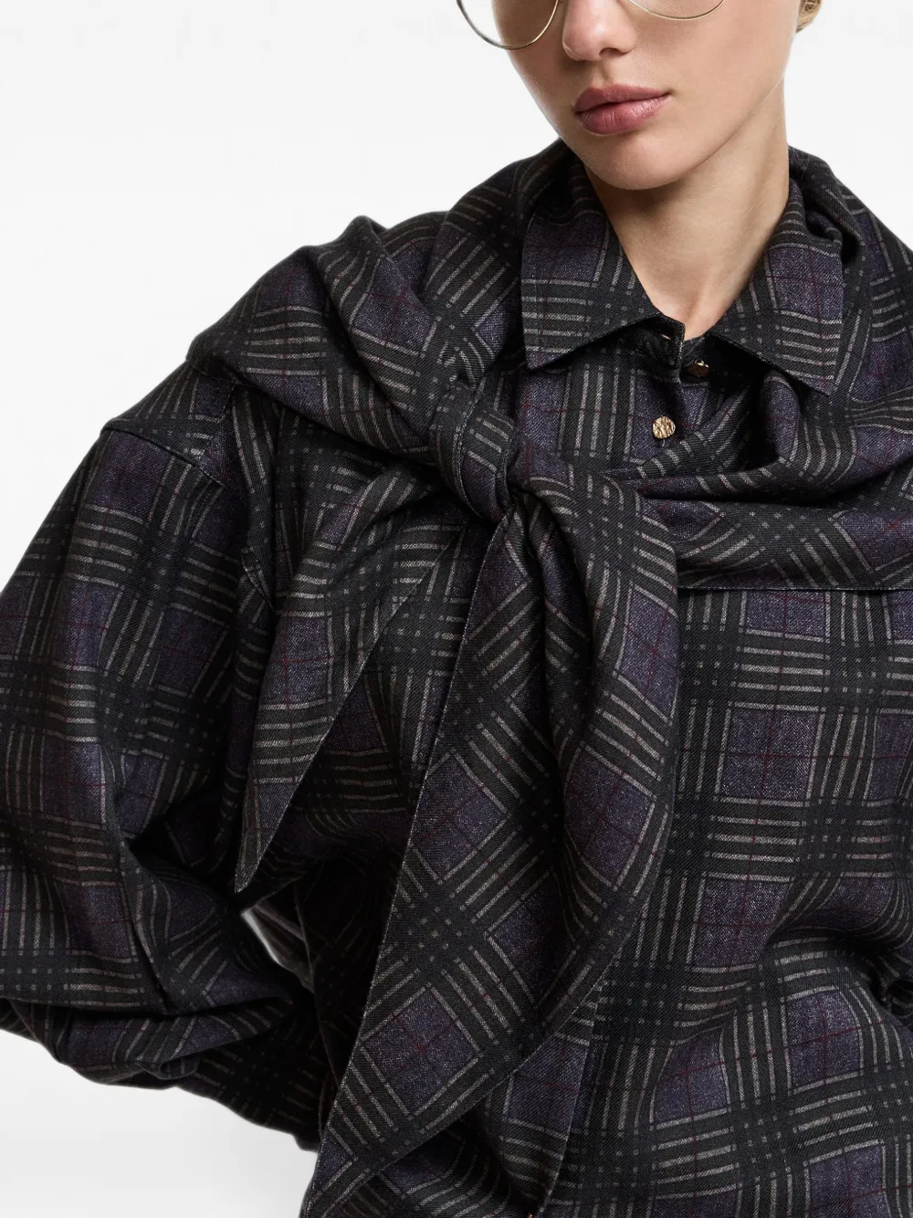 Essentiel Antwerp Kiss geruit blouse met sjaaldetail Grijs