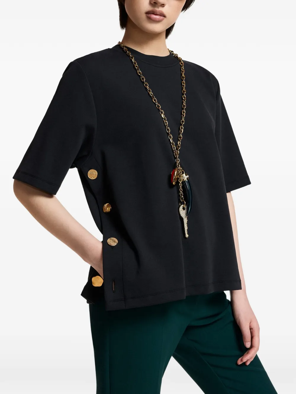 Essentiel Antwerp Korse T-shirt met ronde hals en knoopdetail Zwart