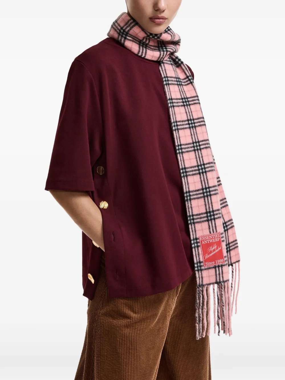 Essentiel Antwerp Korse T-shirt met ronde hals en knoopdetail Rood
