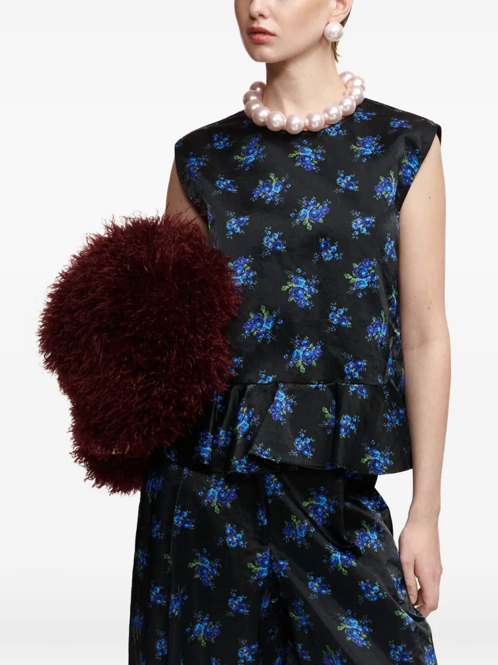 Essentiel Antwerp Klara top met bloemenprint en ruches Zwart