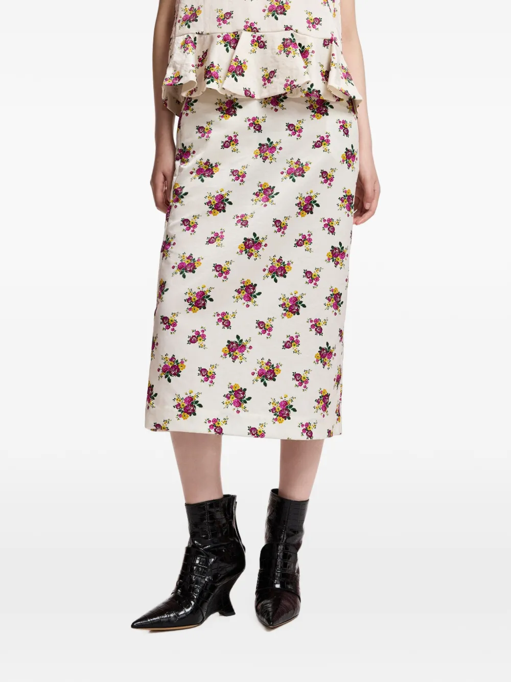 Essentiel Antwerp Kustard midi-rok met bloemenprint en split aan de achterkant Beige