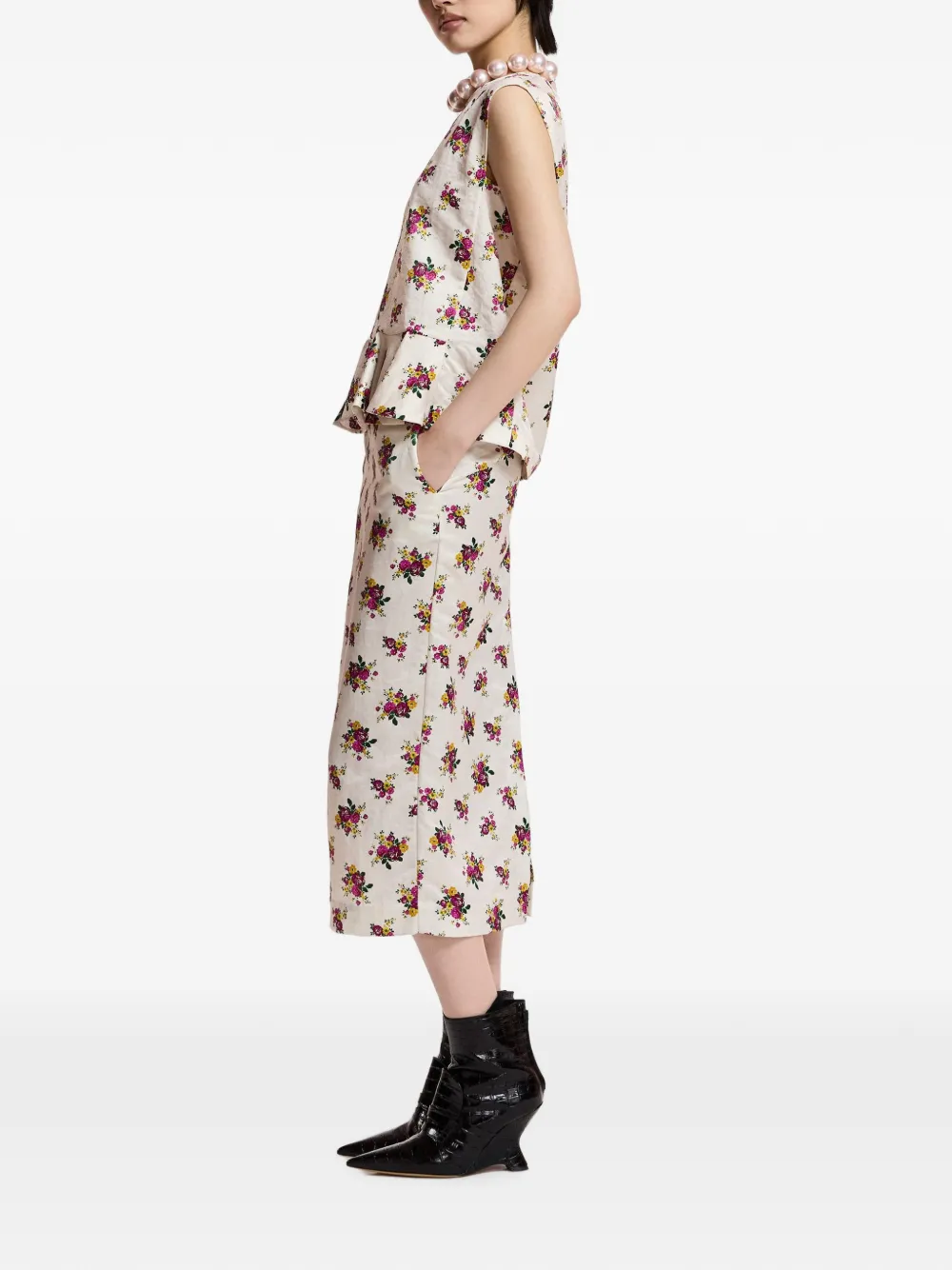 Essentiel Antwerp Kustard midi-rok met bloemenprint en split aan de achterkant Beige