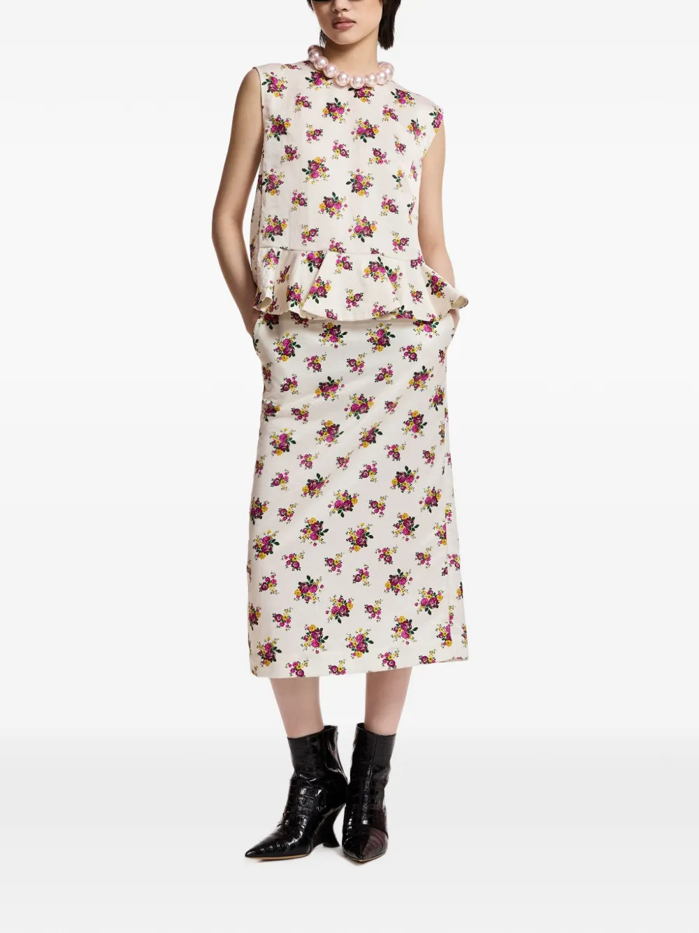 Essentiel Antwerp Kustard midi-rok met bloemenprint en split aan de achterkant Beige