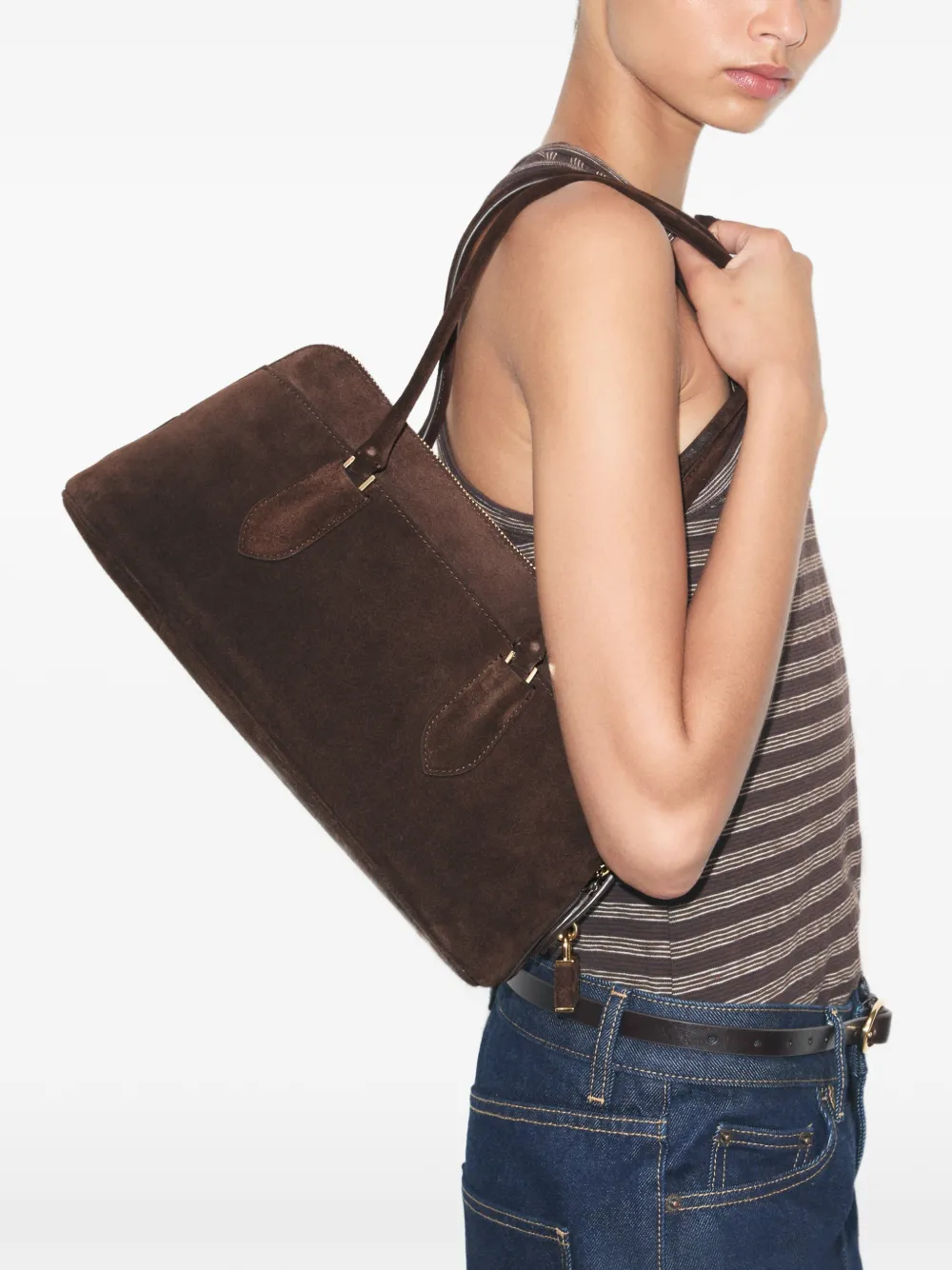 Tory Burch Lock suede East-West satchel - Marrone