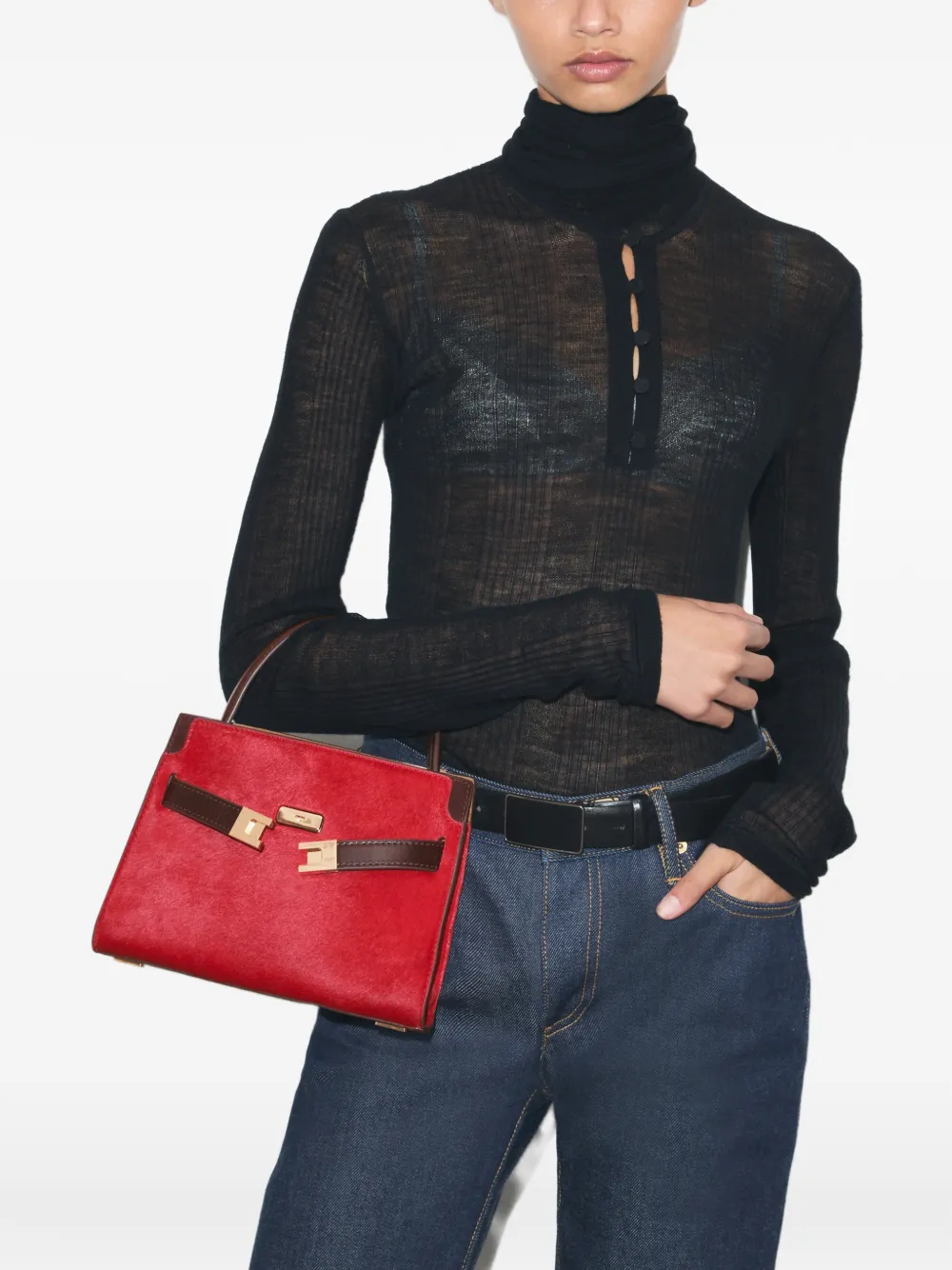 Tory Burch Lee Radziwill mini-tas met kalfshaar Rood
