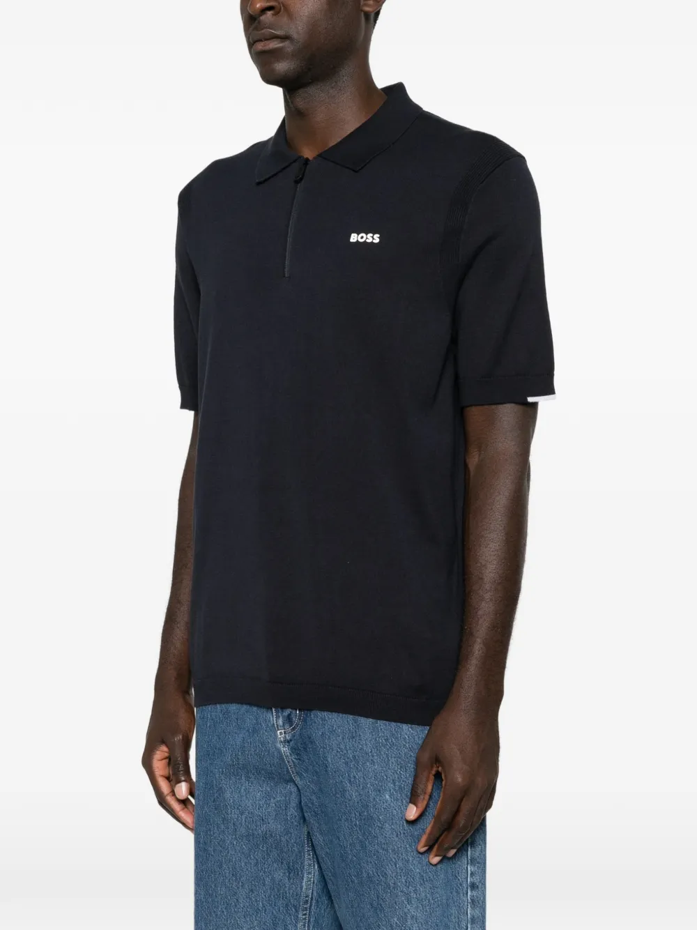 BOSS Poloshirt met logoprint en ritssluiting Blauw