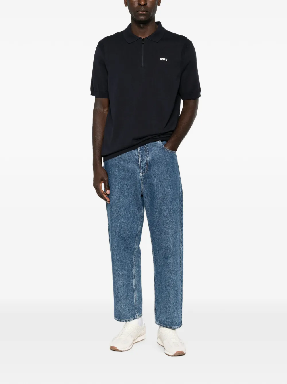 BOSS Poloshirt met logoprint en ritssluiting Blauw