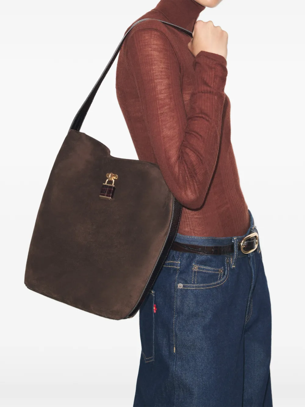 Tory Burch Lock suède bucket-tas Bruin