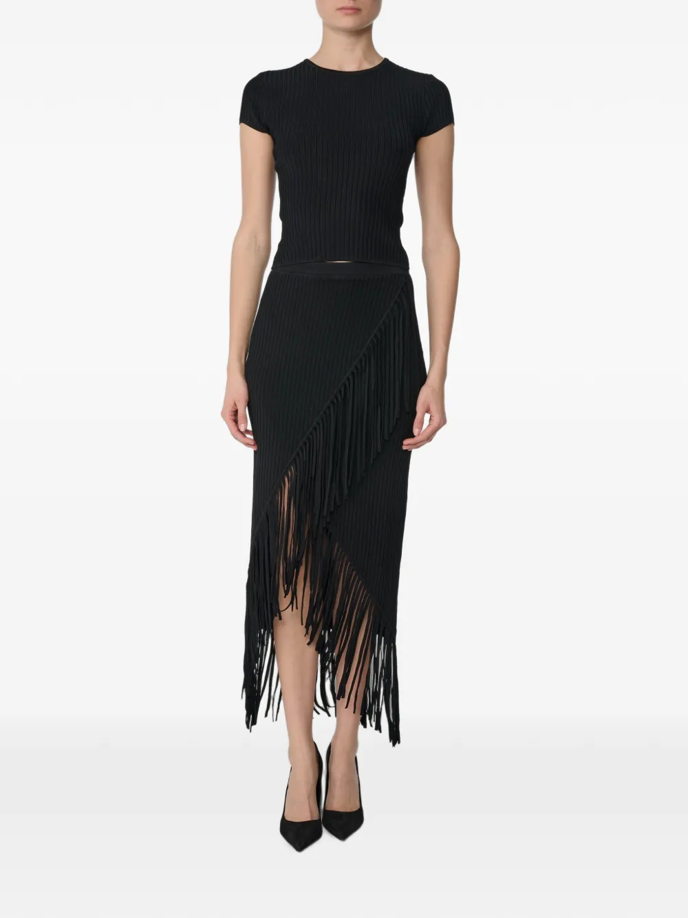 Toccin Giana asymmetrische midi-rok met franje Zwart