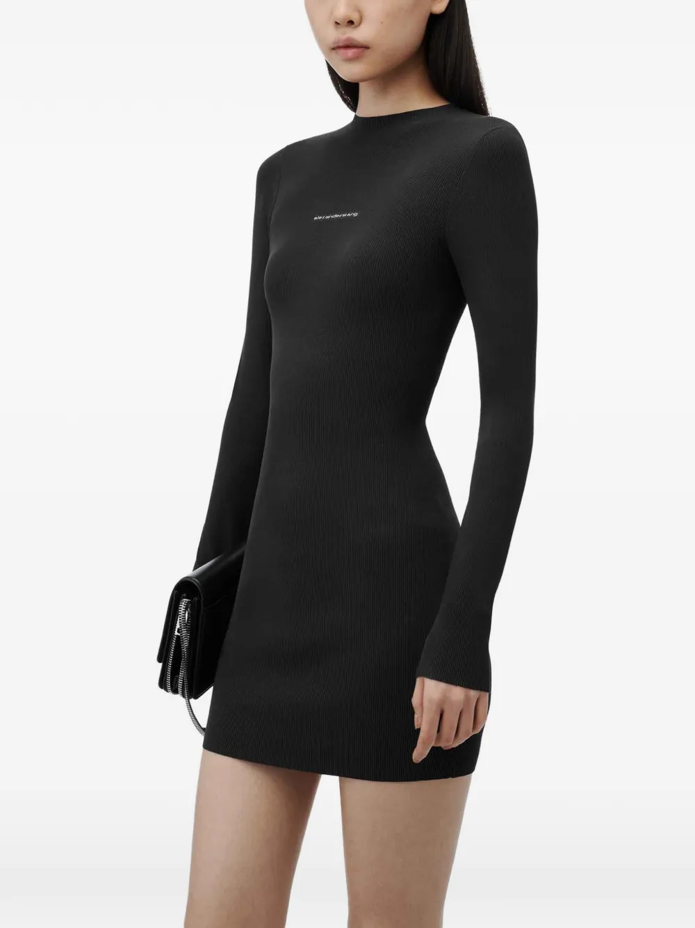 Alexander Wang Jurk met ronde hals en lange mouwen en logo met textuur Zwart