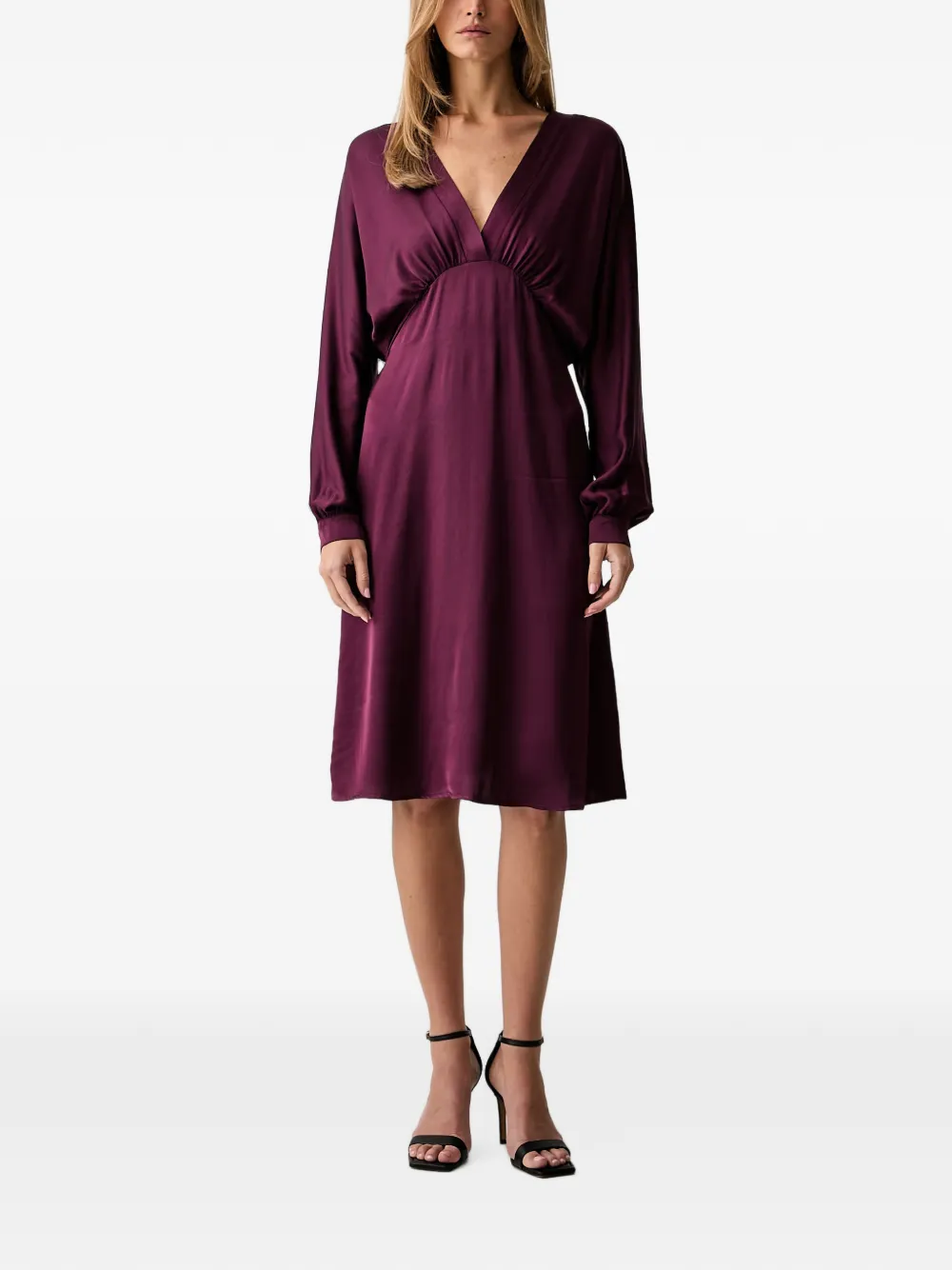 Fracomina V-neck Gathered Satin Midi Dress In Red