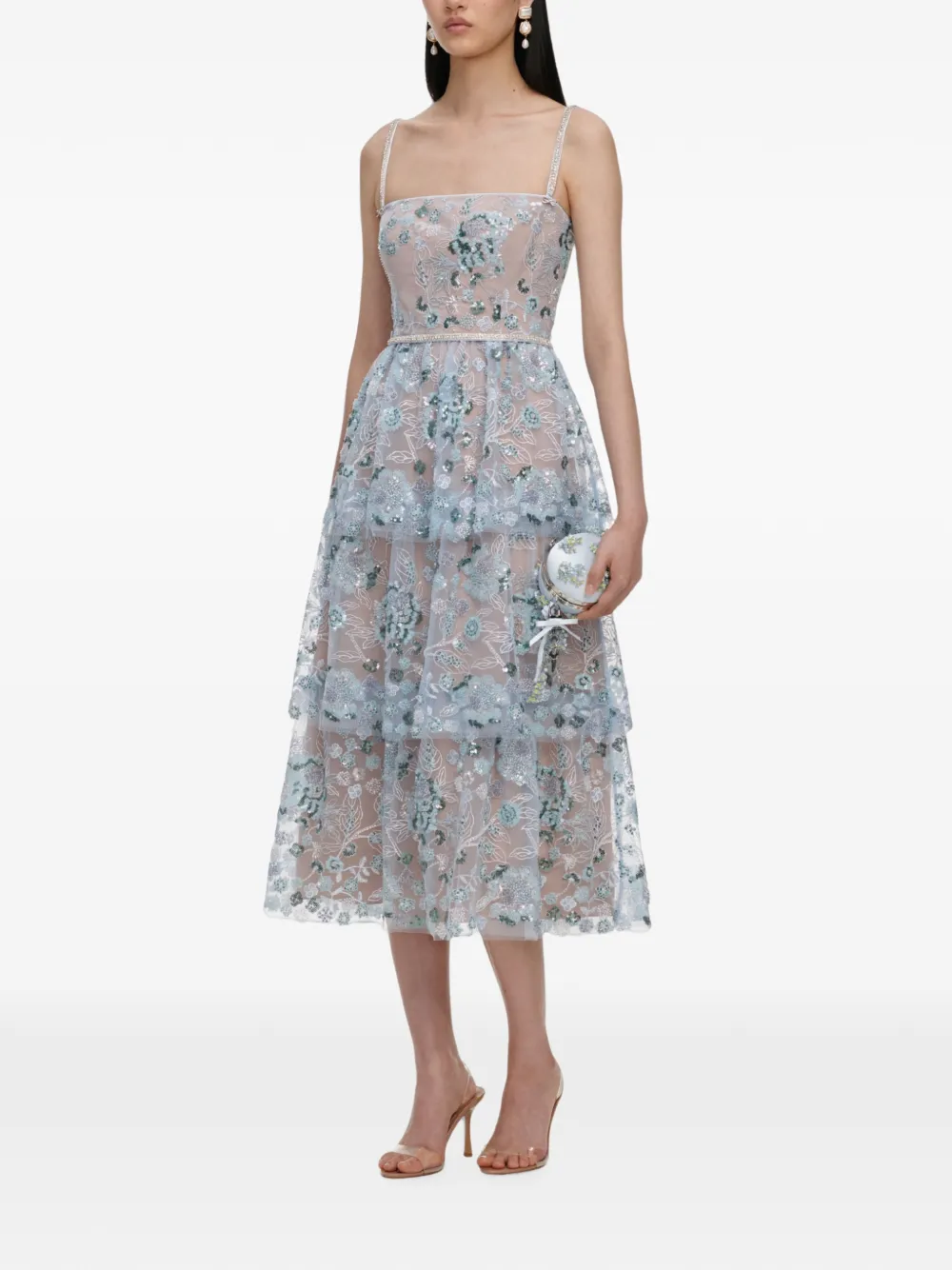 Self-Portrait sequin-embellished tiered midi dress Beige