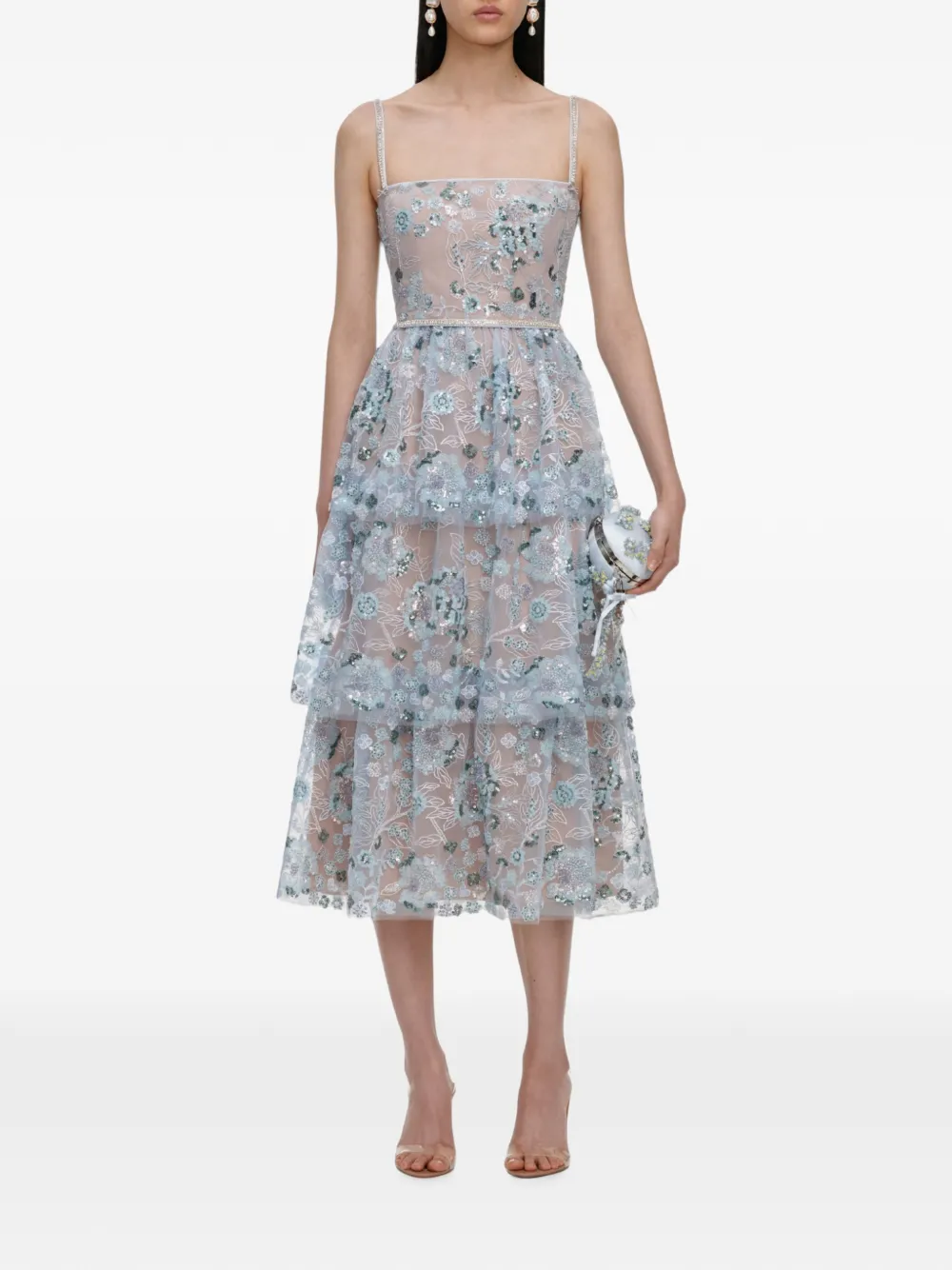 Self-Portrait sequin-embellished tiered midi dress Beige