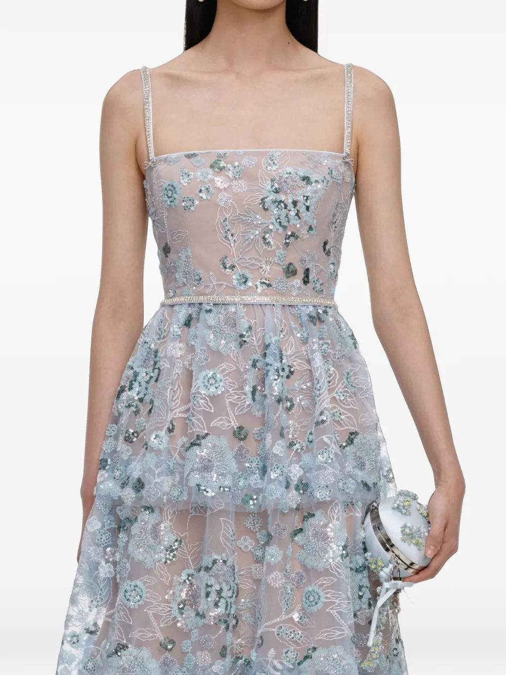 Self-Portrait sequin-embellished tiered midi dress Beige