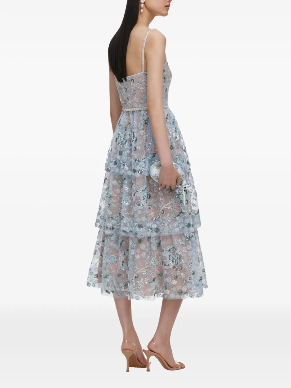 Self-Portrait sequin-embellished tiered midi dress Beige