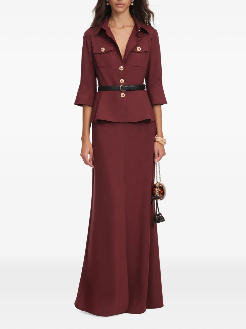 Self-Portrait Maxi-jurk met peplum-taille en ceintuur Bruin