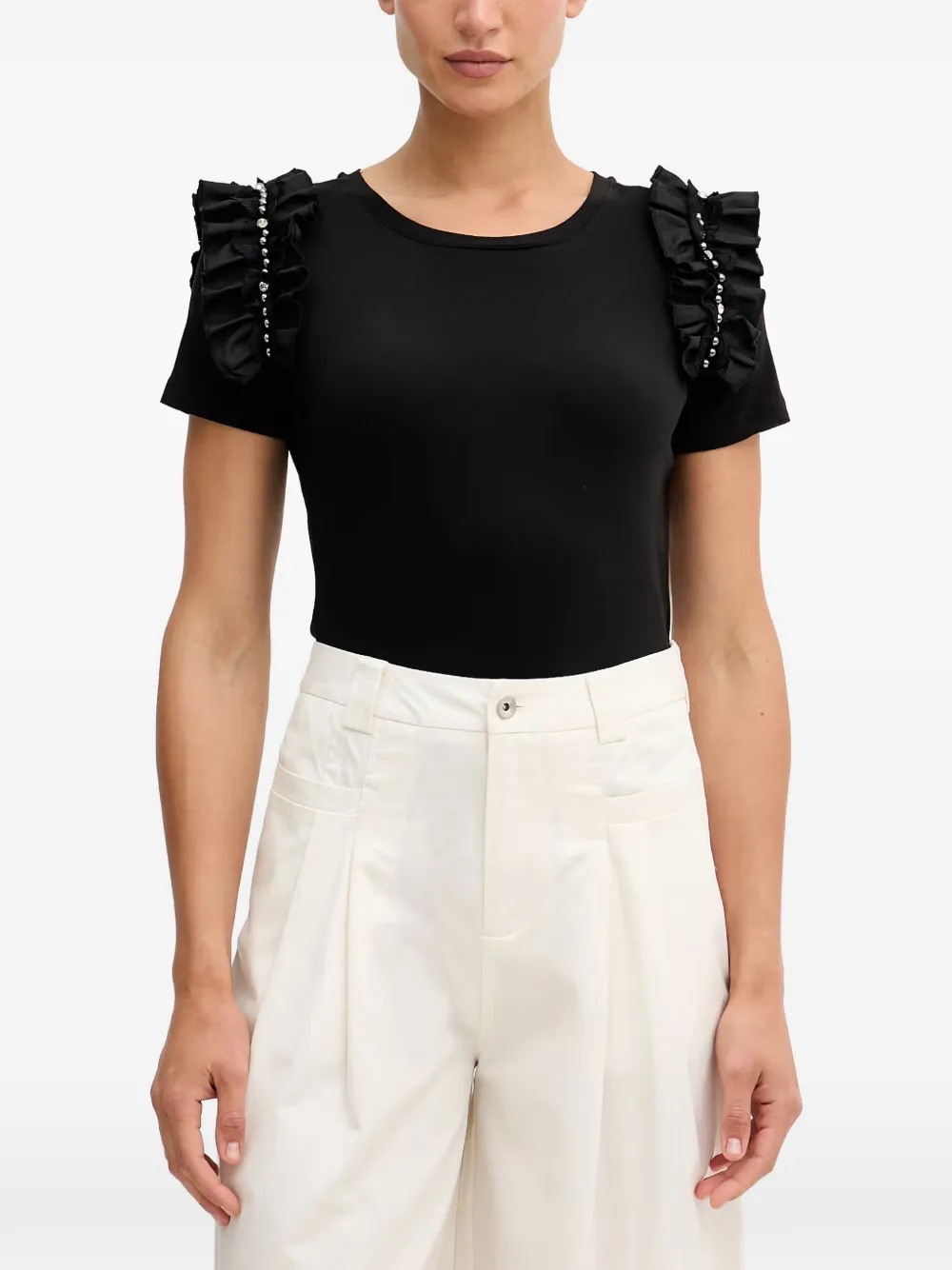 Gaudì Ruffled Crystal-embellished T-shirt In Black
