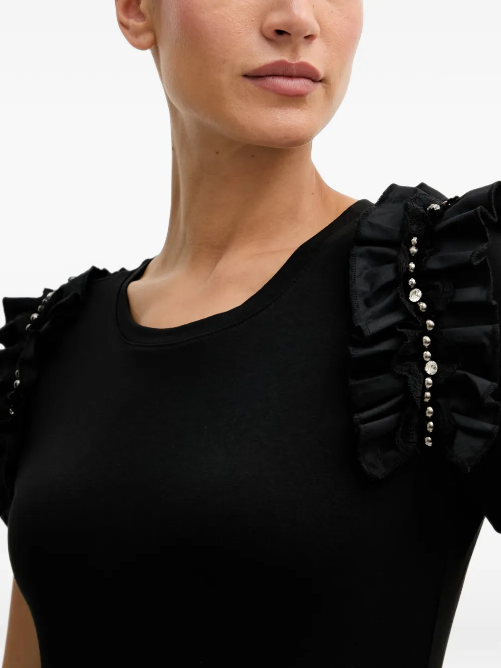 Gaudi T-shirt verfraaid met kristallen en ruches Zwart