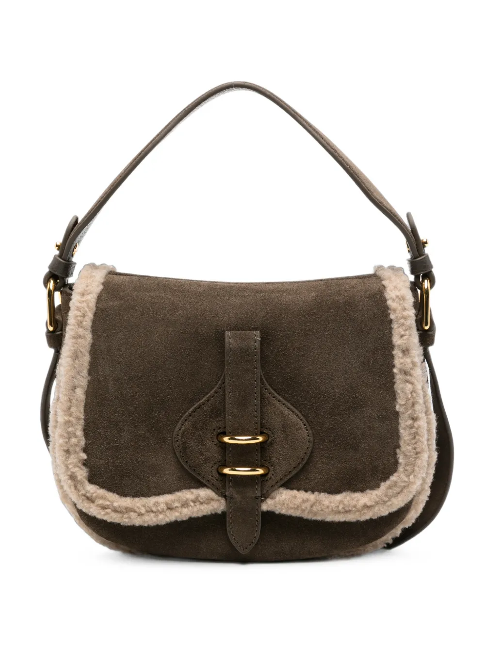 Coccinelle shearling-trim suede shoulder bag - Marrone