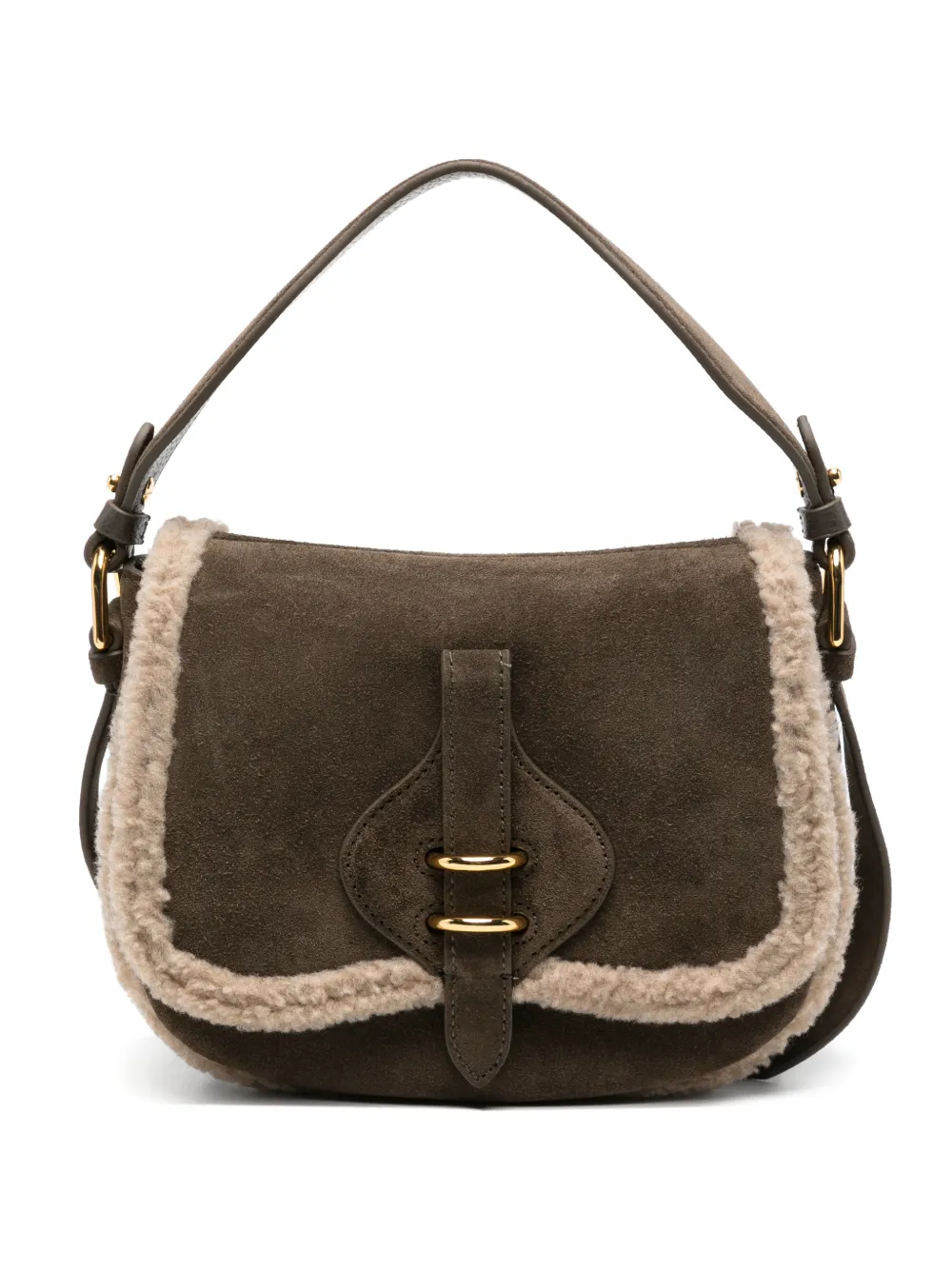Coccinelle shearling-trim suede shoulder bag - Marrone