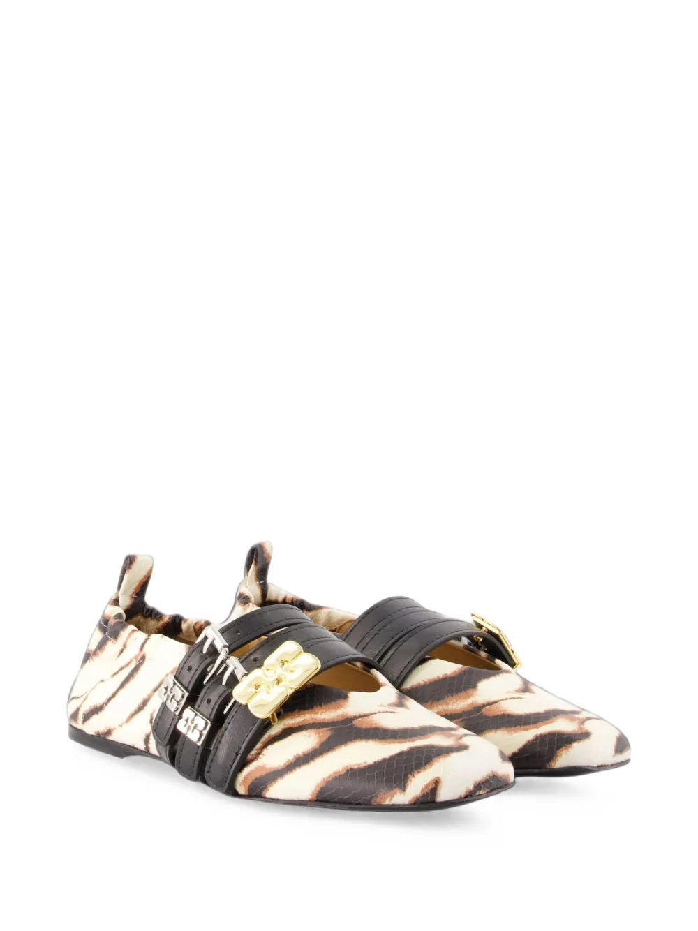 GANNI Sue Triple tiger-print ballet flats Beige