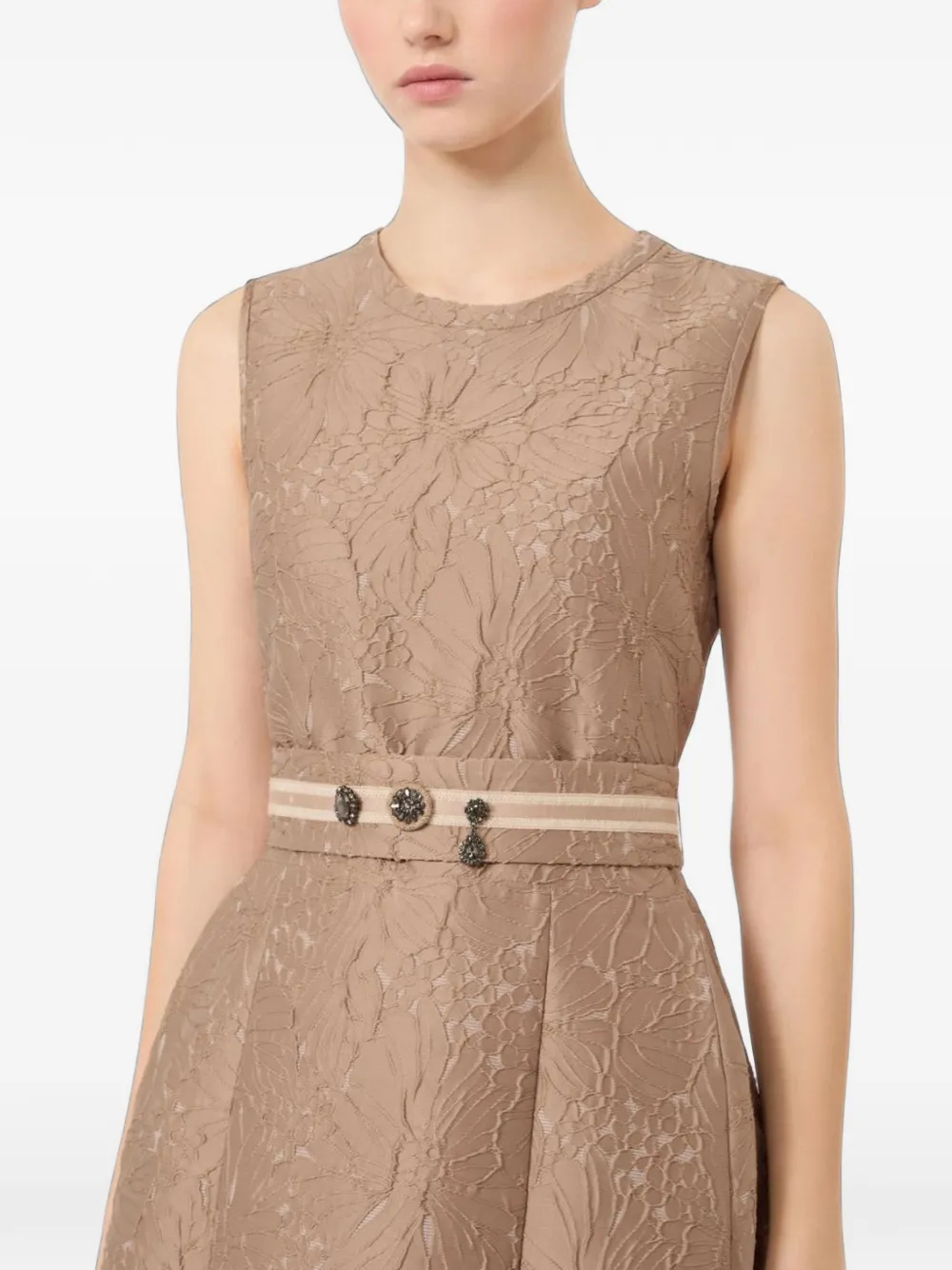 Max Mara Stmskipper midi-jurk met ceintuur en bloemen-jacquard Bruin