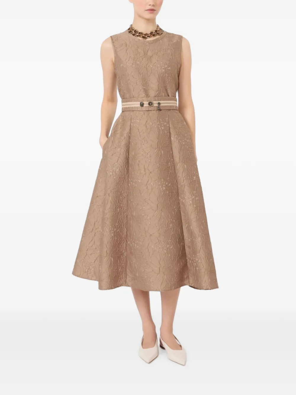 Max Mara Stmskipper midi-jurk met ceintuur en bloemen-jacquard Bruin