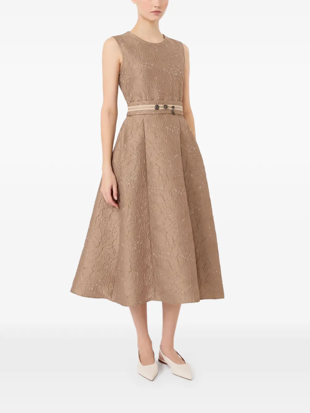 Max Mara Stmskipper midi-jurk met ceintuur en bloemen-jacquard Bruin