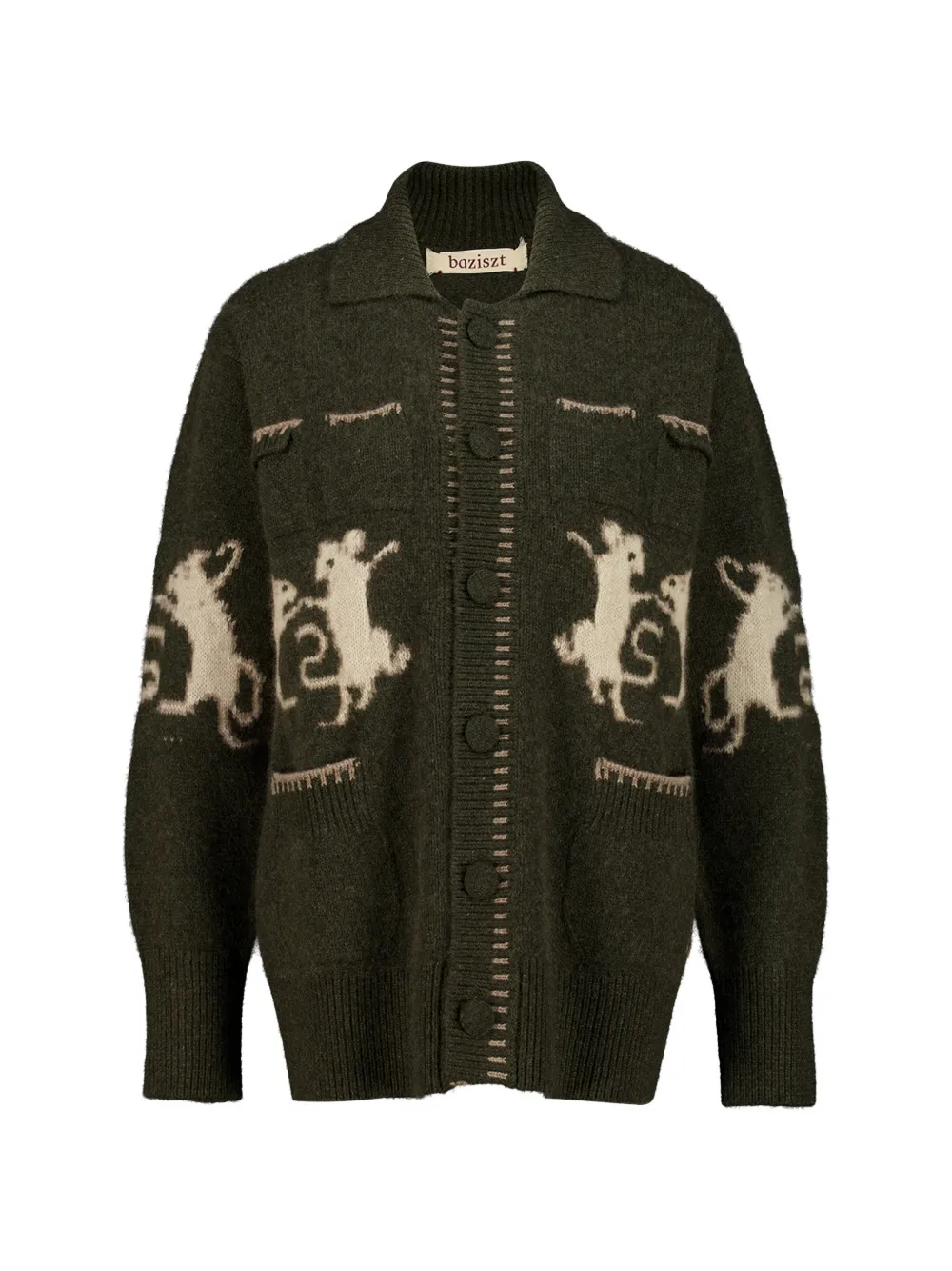 Baziszt mice-intarsia buttoned cardigan - Verde