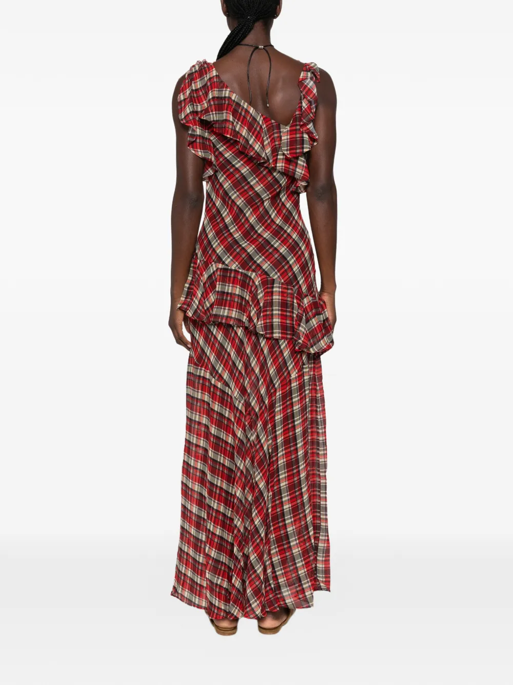 DÔEN Fernanda Ruffled Plaid Maxi Dress in Red, view 4