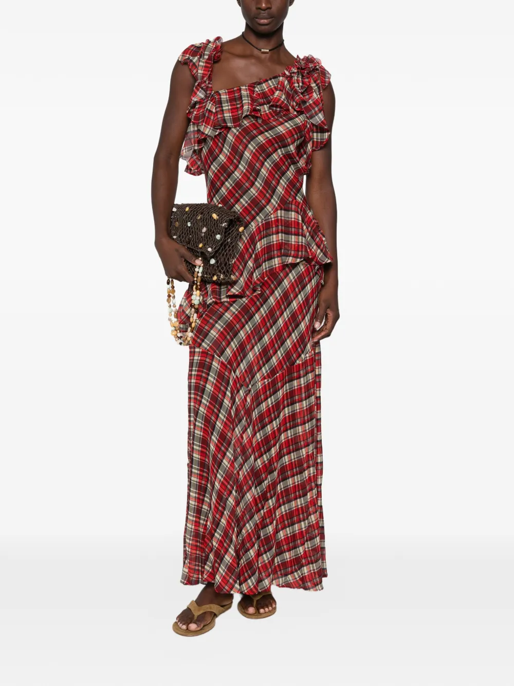 DÔEN Fernanda Ruffled Plaid Maxi Dress in Red, view 2