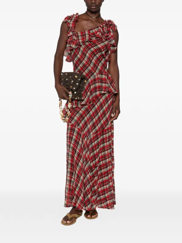 Dôen Fernanda Ruffled Plaid Maxi Dress in Red