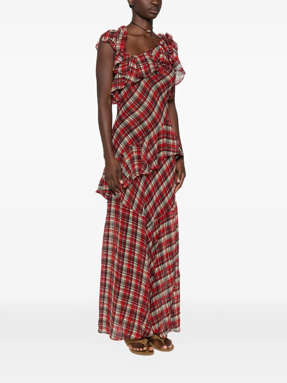 DÔEN Fernanda Ruffled Plaid Maxi Dress in Red, view 3