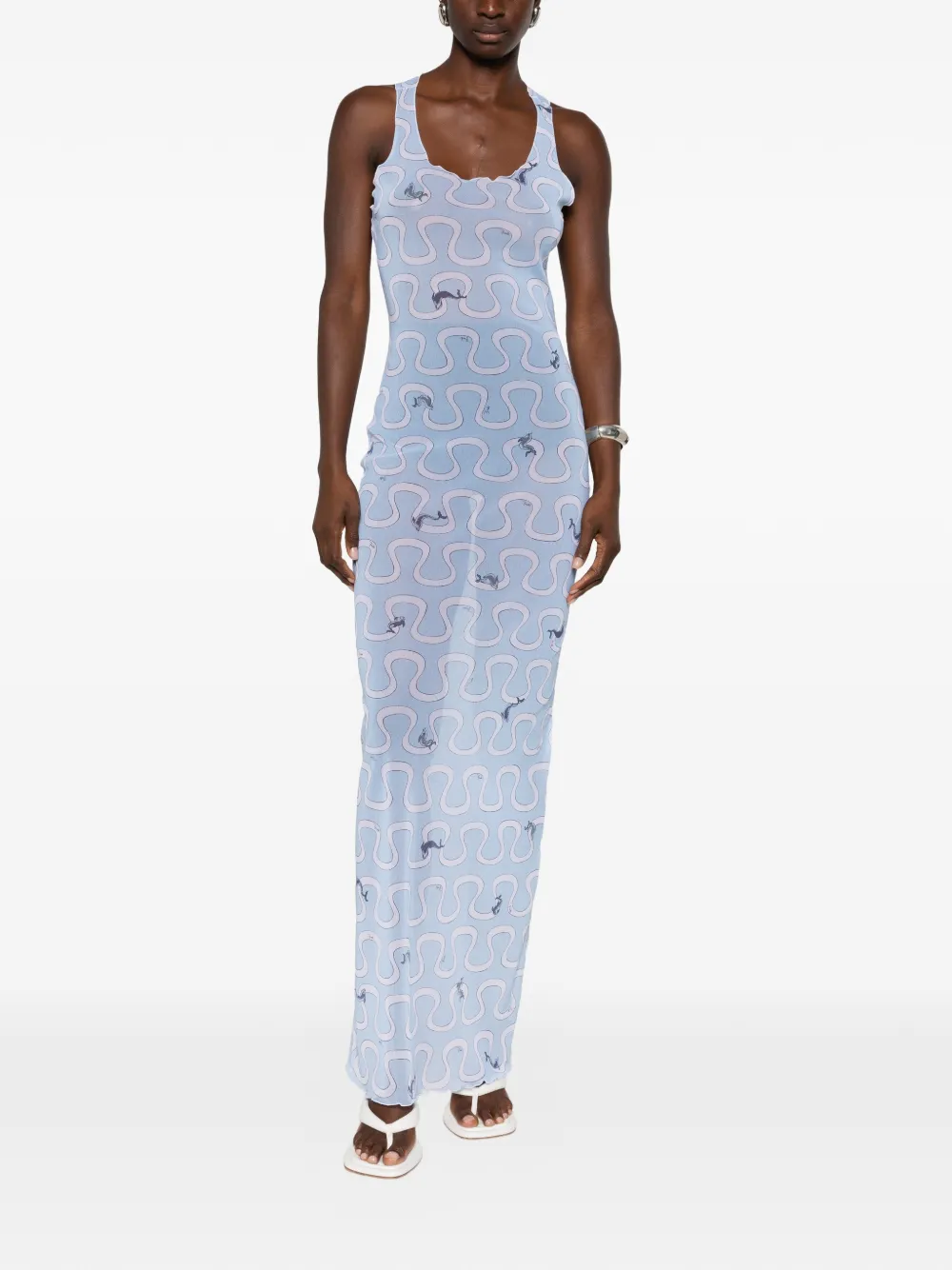 PUCCI Maxi-jurk met diepe ronde hals en grafische print Blauw